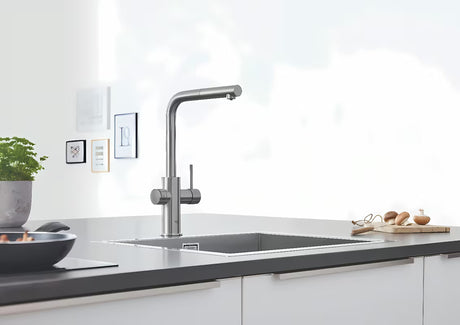 Grohe Blue Home dřezová baterie supersteel s filtrační funkcí a chladičem pro perlivou vodu