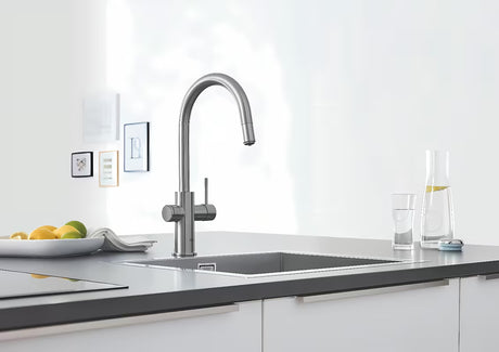 Grohe Blue Home dřezová baterie supersteel s filtrací a chladičem pro neperlivou i perlivou vodu