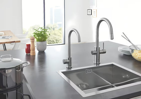 Grohe Blue Home dřezová baterie supersteel s filtrací a chladičem pro neperlivou i perlivou vodu