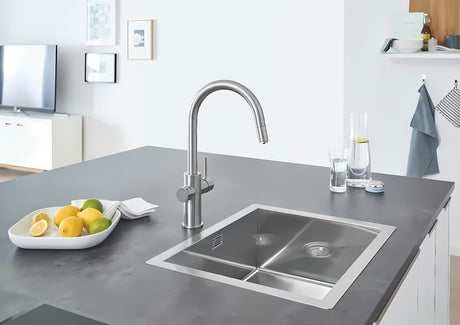 Grohe Blue Home dřezová baterie supersteel s filtrací a chladičem pro neperlivou i perlivou vodu