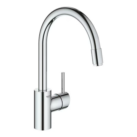 Chromová dřezová baterie Grohe Concetto New s vysokou otočnou výpustí a vytahovací sprškou.
