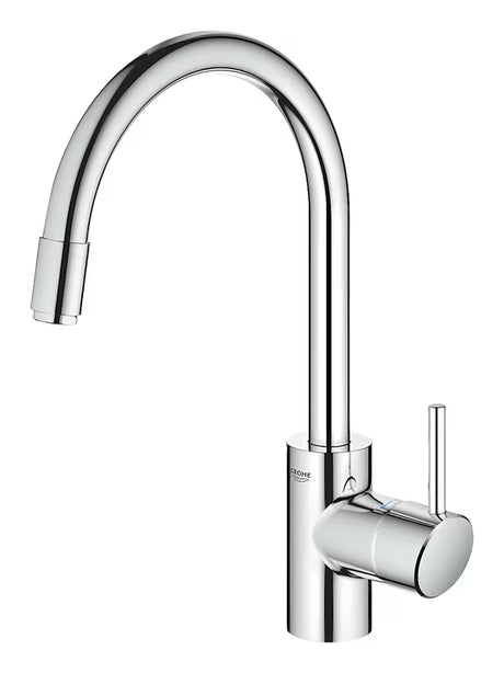 Chromová dřezová baterie Grohe Concetto New s vysokou otočnou výpustí a vytahovací sprškou.
