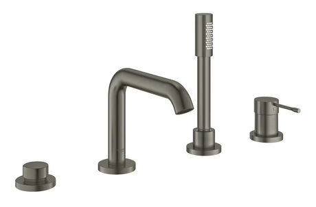 Vanová čtyřotvorová baterie Grohe Essence New s ruční sprchou v povrchové úpravě brushed hard graphite.