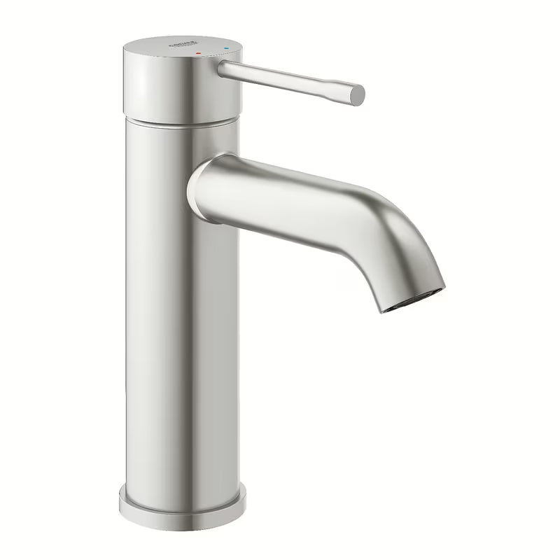 Umyvadlová páková baterie Grohe Essence New v matném provedení supersteel s vysokou zahnutou výpustí.