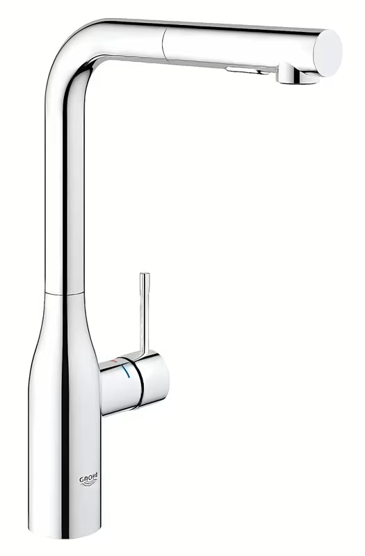Chromová dřezová baterie Grohe Essence New s vysokou otočnou výpustí a vytahovací sprškou