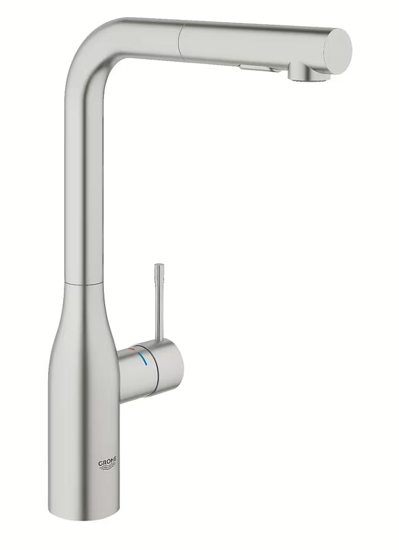 Grohe Essence New dřezová baterie s vysokou otočnou výpustí a vytahovací sprškou v povrchu supersteel.