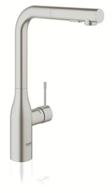Grohe Essence New dřezová baterie s vysokou otočnou výpustí a vytahovací sprškou v povrchu supersteel.