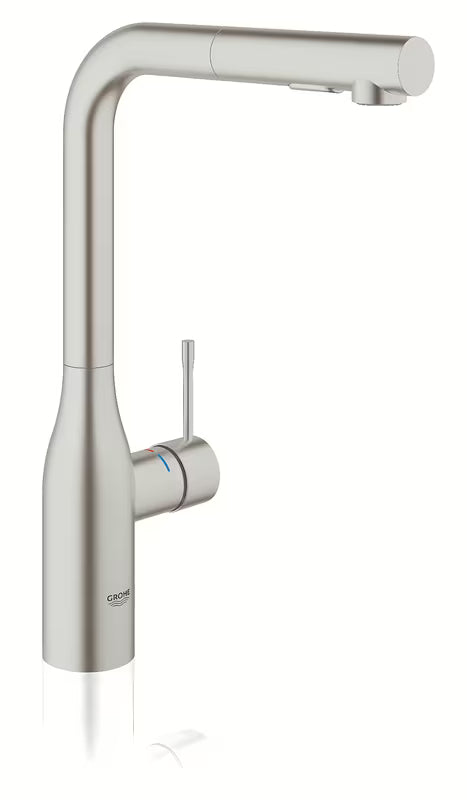 Grohe Essence New dřezová baterie s vysokou otočnou výpustí a vytahovací sprškou v povrchu supersteel.