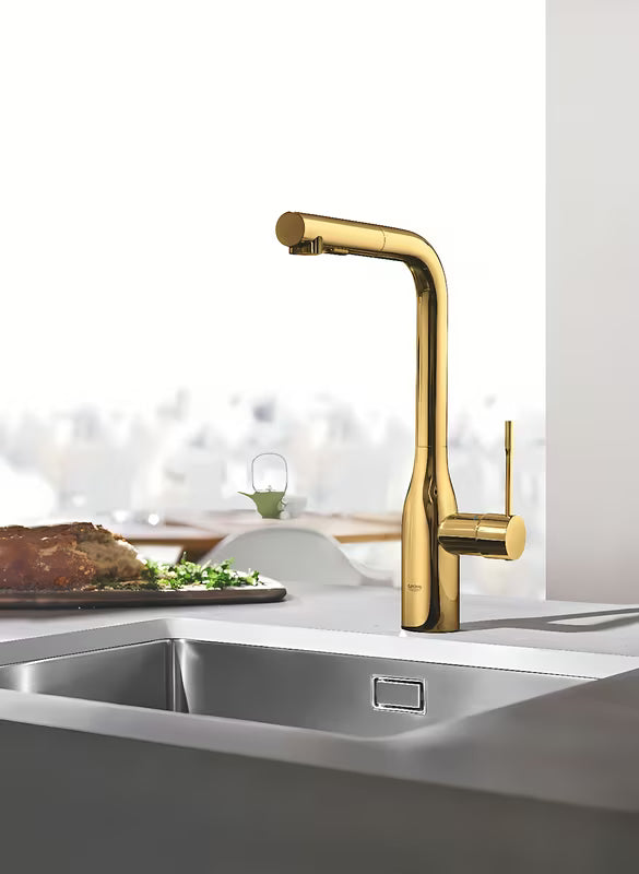 Grohe Essence New dřezová baterie v barvě cool sunrise s vysokou otočnou výpustí a vytahovací sprškou