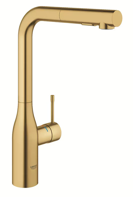 Dřezová baterie Grohe Essence New s vysokou výpustí a vytahovací sprškou v provedení brushed cool sunrise.