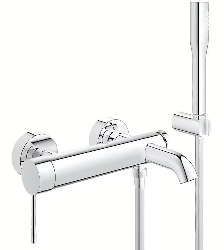Chromová nástěnná vanová baterie Grohe Essence New se sprchovým setem