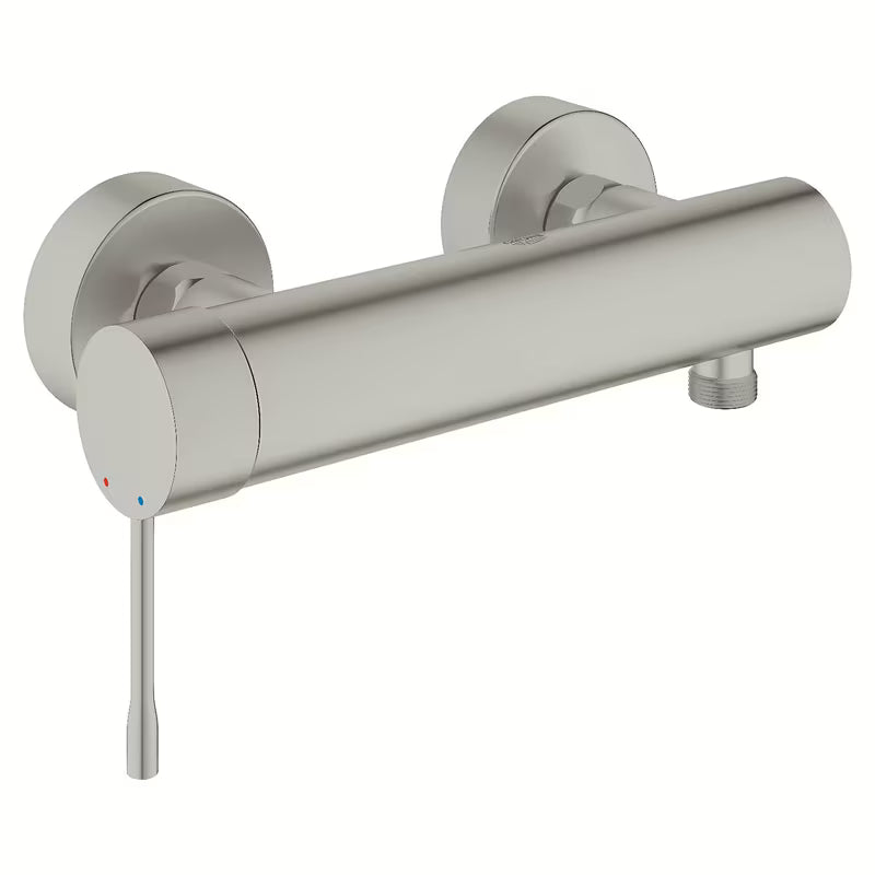 Nástěnná páková sprchová baterie Grohe Essence New v provedení supersteel s matným nerezovým vzhledem.