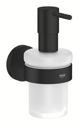 Dávkovač mýdla Grohe Essentials v matně černém provedení se skleněnou nádobkou a kovovým držákem
