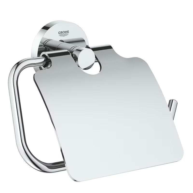 Chromový držák toaletního papíru Grohe Essentials s krytem a skrytým upevněním na stěnu.