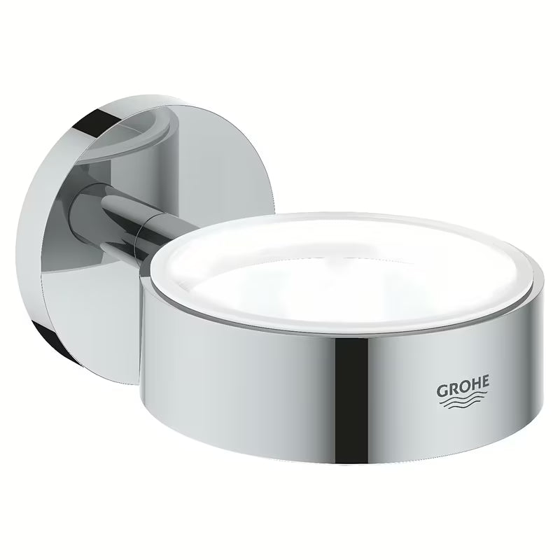 Chromový držák Grohe Essentials se skrytým upevněním pro sklenici, misku na mýdlo nebo dávkovač.