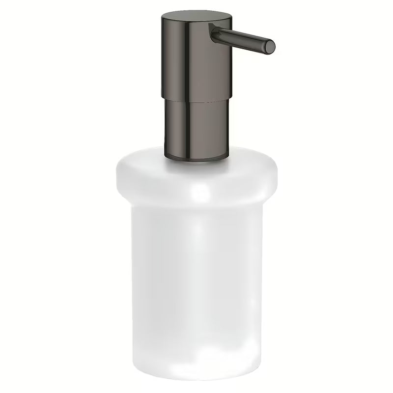 Dávkovač mýdla Grohe Essentials bez držáku v provedení hard graphite, skleněná nádobka a kovové prvky.