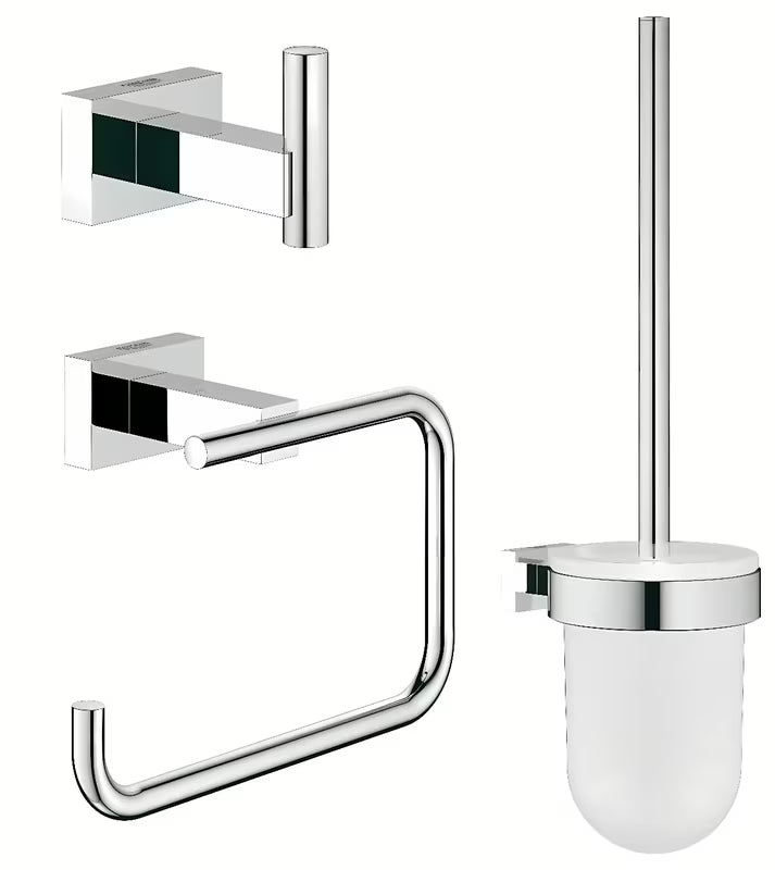 Chromová sada doplňků Grohe Essentials Cube s háčkem, držákem toaletního papíru a WC kartáčem