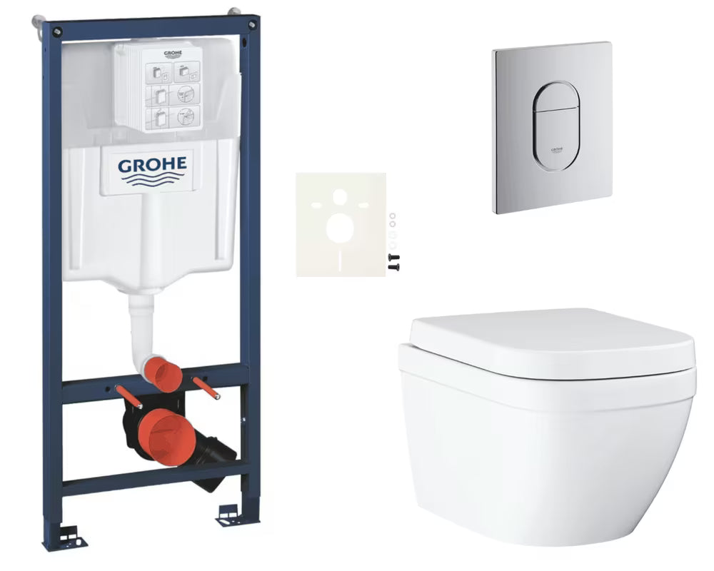 Závěsný WC set Grohe Euro Ceramic s instalačním modulem Rapid SL, tlačítkem Arena Cosmopolitan a sedátkem SoftClose.