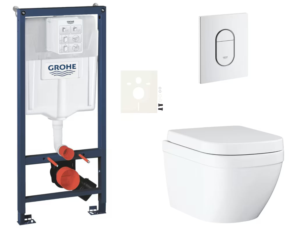 Závěsný WC set Grohe Euro Ceramic s instalačním systémem Rapid SL, tlačítkem Arena Cosmopolitan a sedátkem SoftClose