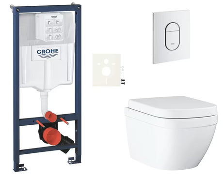 Závěsný WC set Grohe Euro Ceramic s instalačním systémem Rapid SL, tlačítkem Arena Cosmopolitan a sedátkem SoftClose