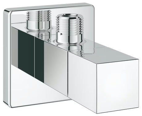 Chromový rohový ventil Grohe Eurocube s kovovým kohoutem a kovovou rozetou pro nástěnnou instalaci.
