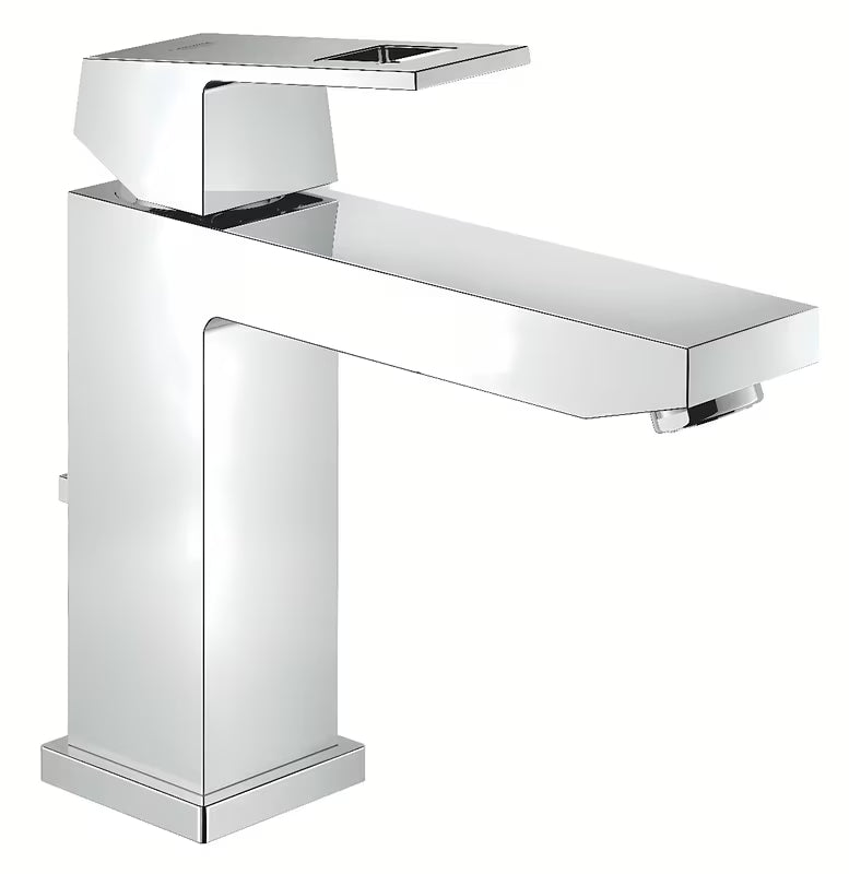 Chromová páková umyvadlová baterie Grohe Eurocube se středně vysokou výpustí a odtokovou soupravou.