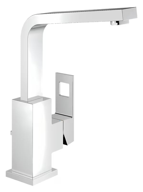 Chromová dřezová baterie Grohe Eurocube s vysokým otočným raménkem v hranatém designu.