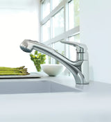 Chromová dřezová baterie Grohe Eurodisc s vytahovací sprškou a otočnou výpustí