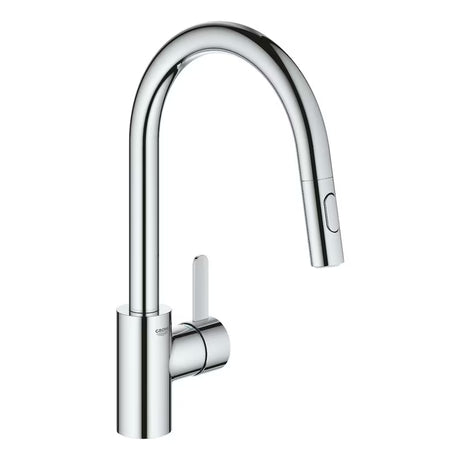 Chromová dřezová baterie Grohe Eurosmart Cosmopolitan s vysokou otočnou výpustí a vytahovací sprškou