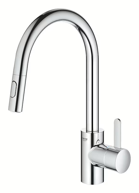 Chromová dřezová baterie Grohe Eurosmart Cosmopolitan s vysokou otočnou výpustí a vytahovací sprškou