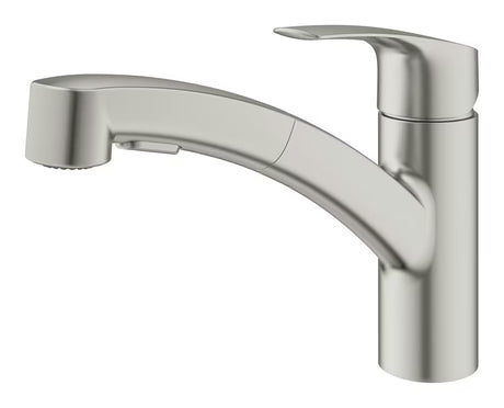 Páková stojánková dřezová baterie Grohe Eurosmart New v provedení supersteel s otočným ramínkem.