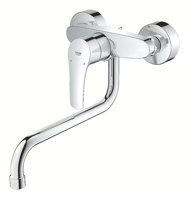 Chromová nástěnná dřezová baterie Grohe Eurosmart New s pákovým ovládáním a otočnou výpustí.