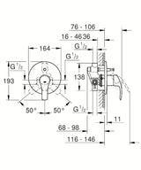Podomítková sprchová a vanová baterie Grohe Eurosmart New v chromovém provedení.