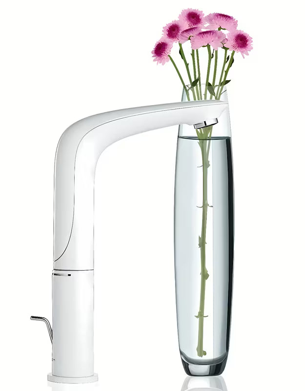 Wysoka jednouchwytowa bateria umywalkowa Grohe Eurostyle New w chromie z obrotową wylewką i zestawem odpływowym.