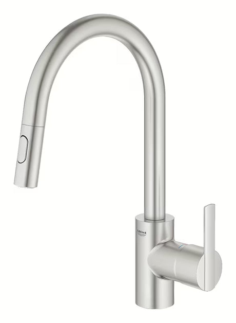 Dřezová baterie Grohe Feel v provedení supersteel s vysokou otočnou výpustí a vytahovací sprškou