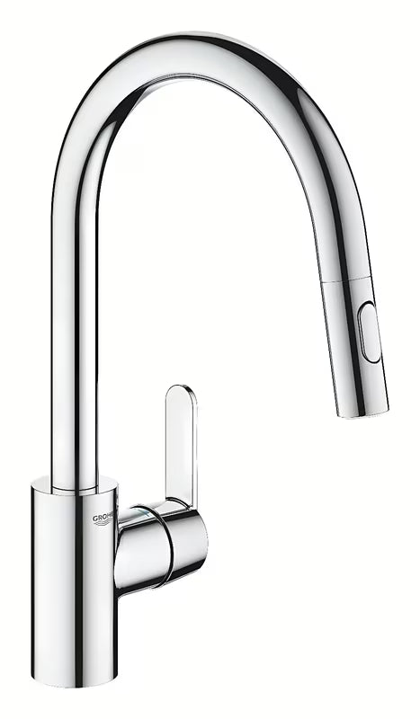 Kromirana miješalica za sudoper Grohe Get s ručicom i izvlačnim tušem s dva načina mlaza.