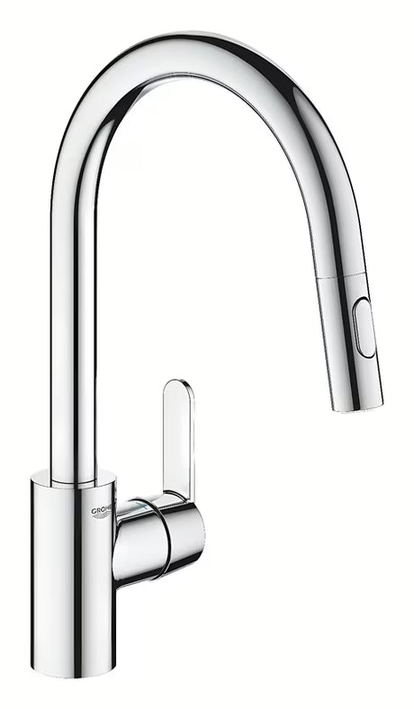 Chromová dřezová baterie Grohe Get s pákovým ovládáním a vytahovací sprškou se dvěma režimy proudu.