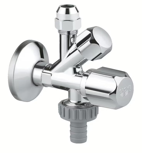 Rohový ventil Grohe pro nástěnnou instalaci se zpětnou klapkou a kovovou rozetou.