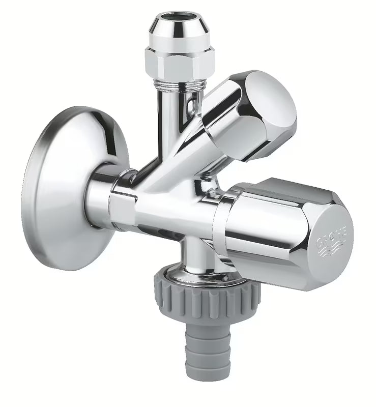 Kombi rohový ventil Grohe pro nástěnnou instalaci s kompenzací délky a kovovou rozetou.