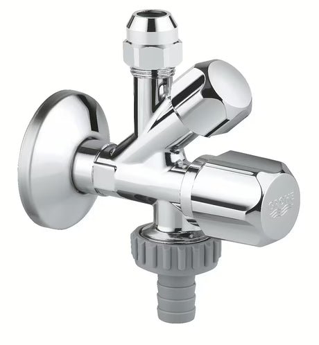 Kombi rohový ventil Grohe pro nástěnnou instalaci s kompenzací délky a kovovou rozetou.