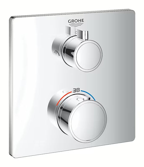Chromová podomítková termostatická sprchová baterie Grohe Grohtherm pro ovládání hlavové a ruční sprchy.