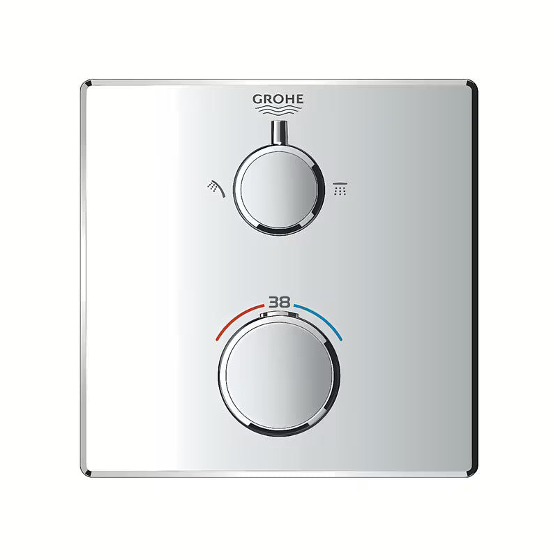 Chromová podomítková termostatická sprchová baterie Grohe Grohtherm pro ovládání hlavové a ruční sprchy.