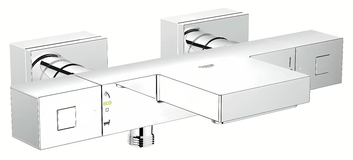 Chromová termostatická vanová baterie Grohe Grohtherm Cube s XL výpustí GROHE XL Waterfall pro vanu i sprchu.