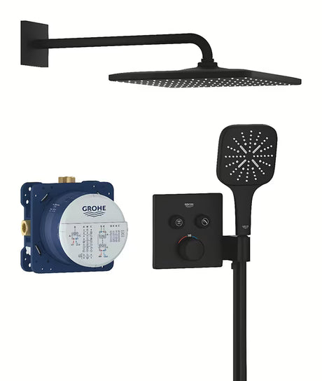 Podomítkový sprchový systém Grohe Grohtherm SmartControl v matné černé barvě s hlavovou a ruční sprchou