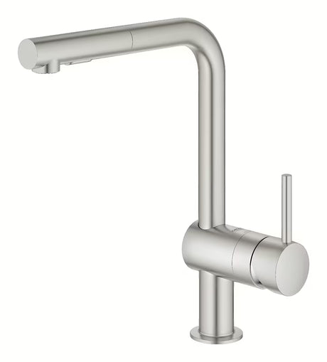 Dřezová baterie Grohe Minta s vysokou L výpustí a vytahovací sprškou v povrchu supersteel.
