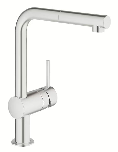 Virtuvinis maišytuvas Grohe Minta, supersteel spalvos, su pasukamu L formos snapu ir ištraukiama dušo galvute.