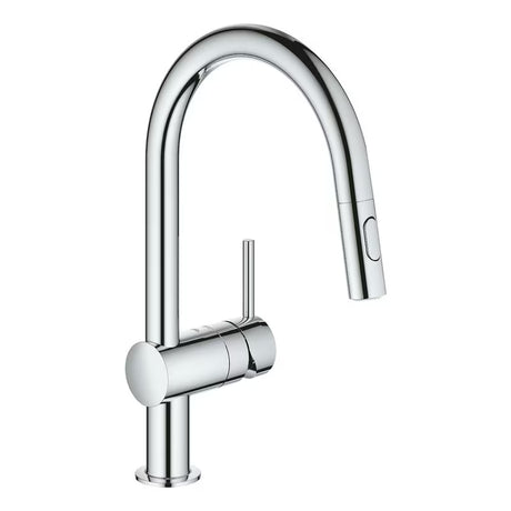 Chromová dřezová baterie Grohe Minta s vysokou otočnou výpustí a vytahovací sprškou