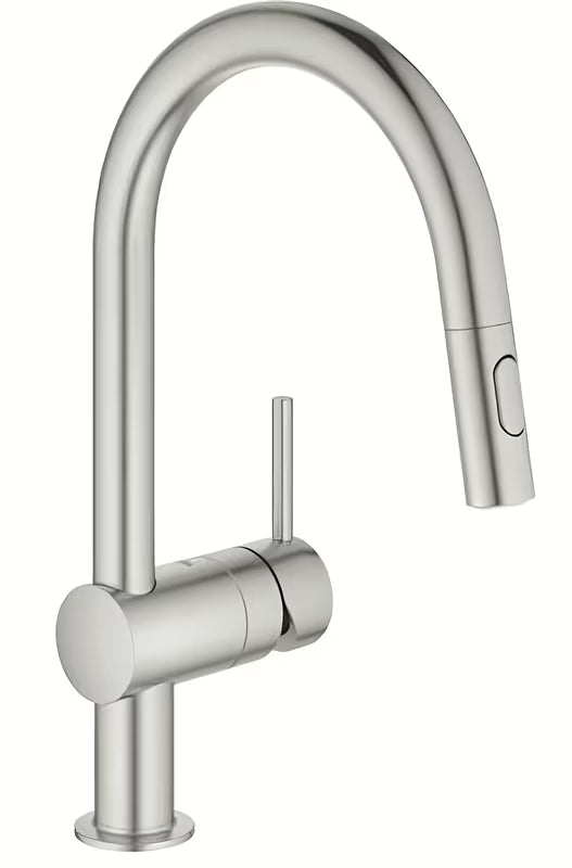 Dřezová baterie Grohe Minta v provedení supersteel s vysokou otočnou výpustí a vytahovací sprškou