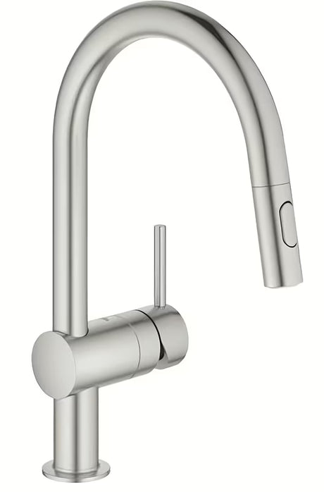 Dřezová baterie Grohe Minta v provedení supersteel s vysokou otočnou výpustí a vytahovací sprškou