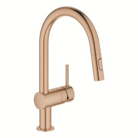 Dřezová kuchyňská baterie Grohe Minta s vysokou C výpustí a vytahovací sprškou v kartáčovaném warm sunset.